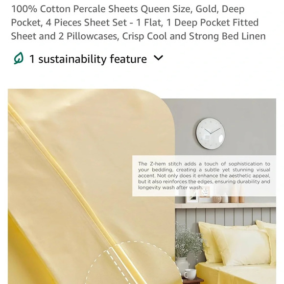 100% Cotton Percale Sheets twin Size, Gold, Deep Pocket, 3 Pieces Sheet Set - Picture 3 of 10